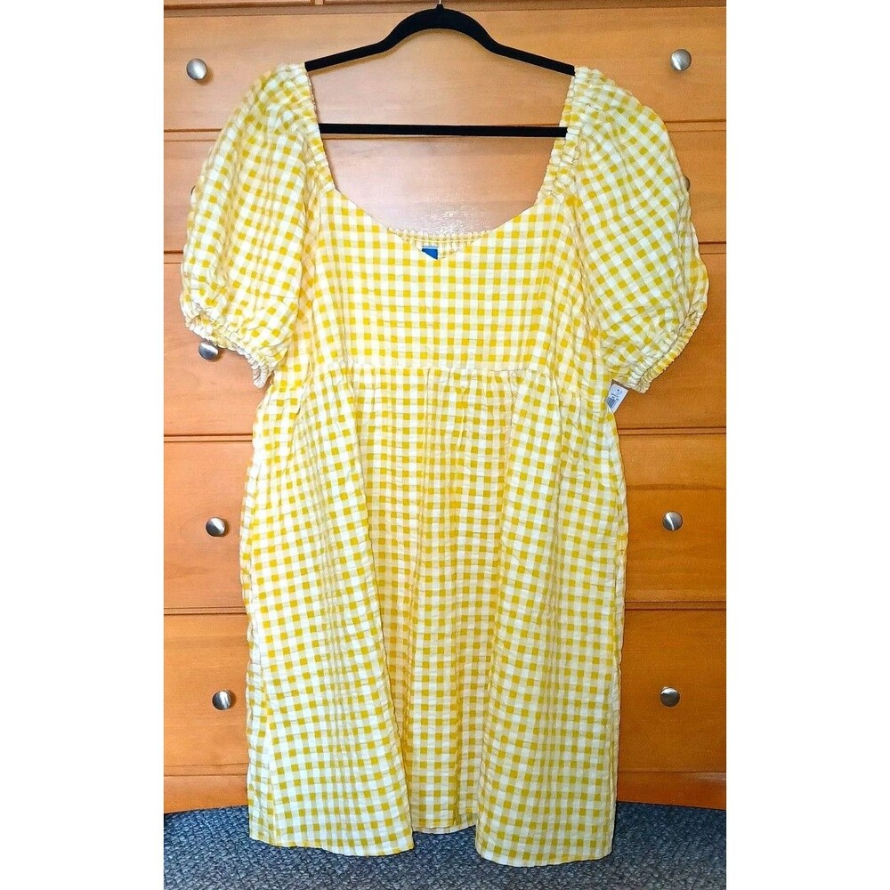 NWT Old Navy Womens XL Yellow White Gingham Smocked V-Neck Puff Short Slv Dress